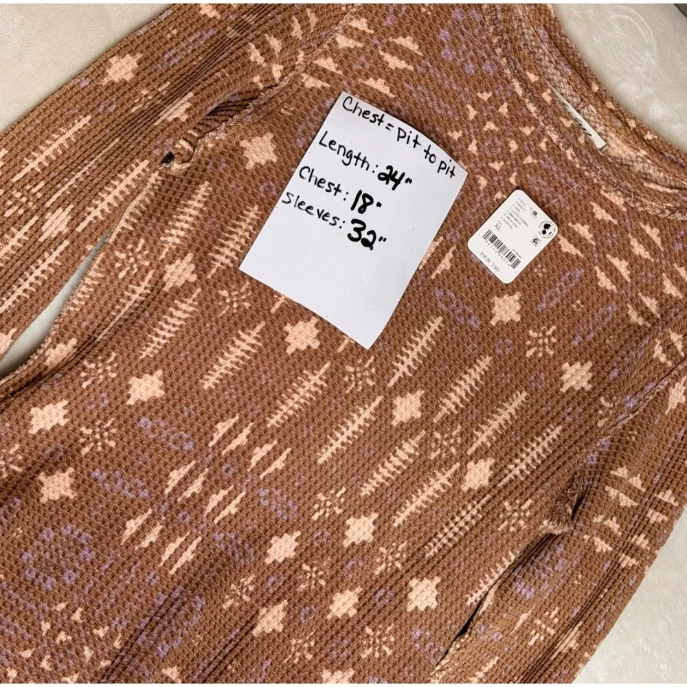 NWT Free People We The Free Pretty Little Thermal Top Latte Brown Print XL Boho